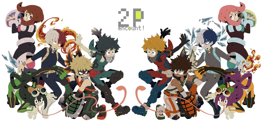midoriya izuku, bakugou katsuki, uraraka ochaco, todoroki shoto, and asui tsuyu (boku no hero academia) drawn by uppi