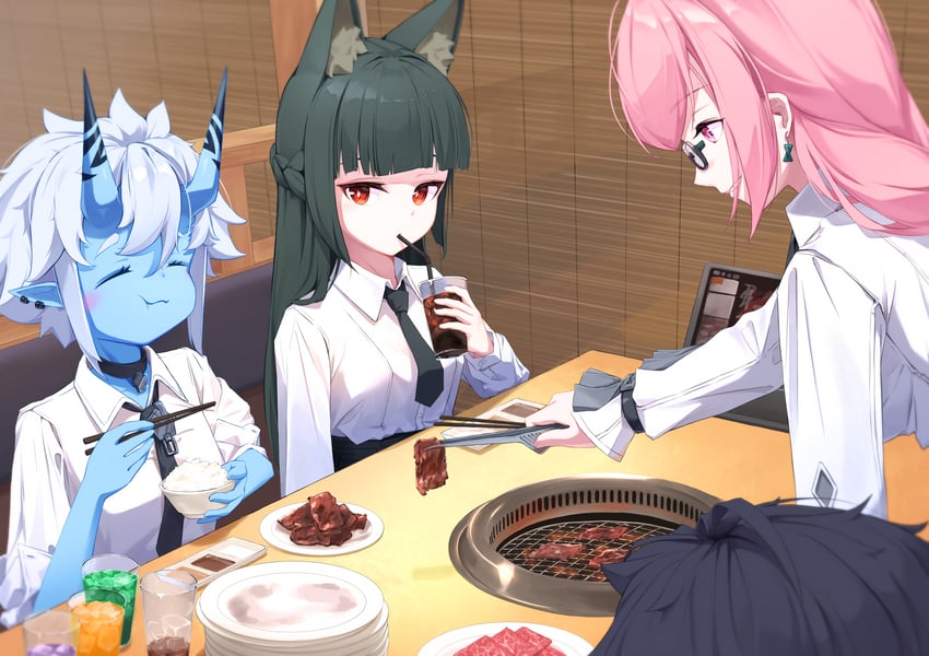 hoshimi miyabi, tsukishiro yanagi, soukaku, and asaba harumasa (zenless zone zero) drawn by to9643