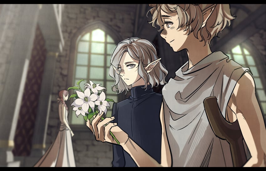 mithrun, mithrun's brother, and braided ponytail elf (dungeon meshi) drawn by oejikim