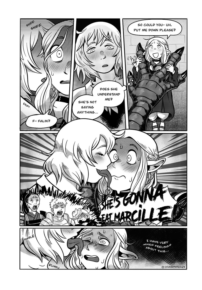 marcille donato, falin touden, laios touden, senshi, and shurou (dungeon meshi) drawn by churroach