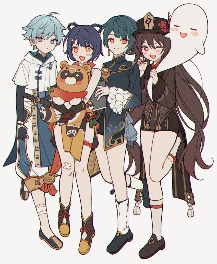 hu tao, boo tao, xingqiu, chongyun, xiangling, and 1 more (genshin impact) drawn by clunch
