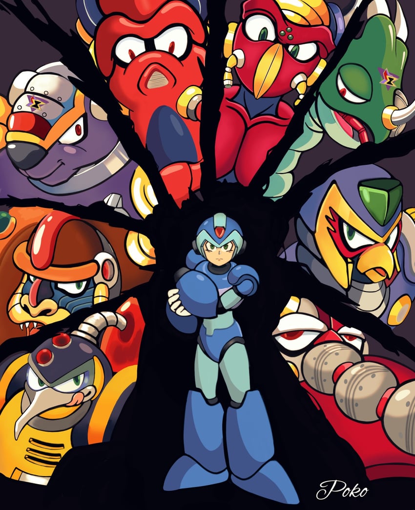 x, storm eagle, chill penguin, launch octopus, armored armadillo, and 4 more (mega man and 2 more) drawn by poko589