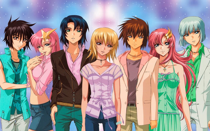 cagalli yula athha, athrun zala, lacus clyne, meer campbell, kira yamato, and 2 more (gundam and 1 more)