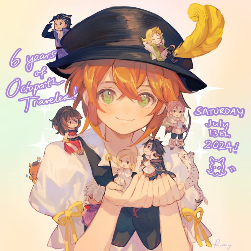 therion, tressa colzione, ophilia clement, primrose azelhart, cyrus albright, and 3 more (octopath traveler and 1 more) drawn by aubz
