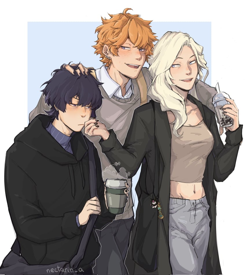 scaramouche, tartaglia, kuromi, and signora (genshin impact and 2 more) drawn by nectarin-a