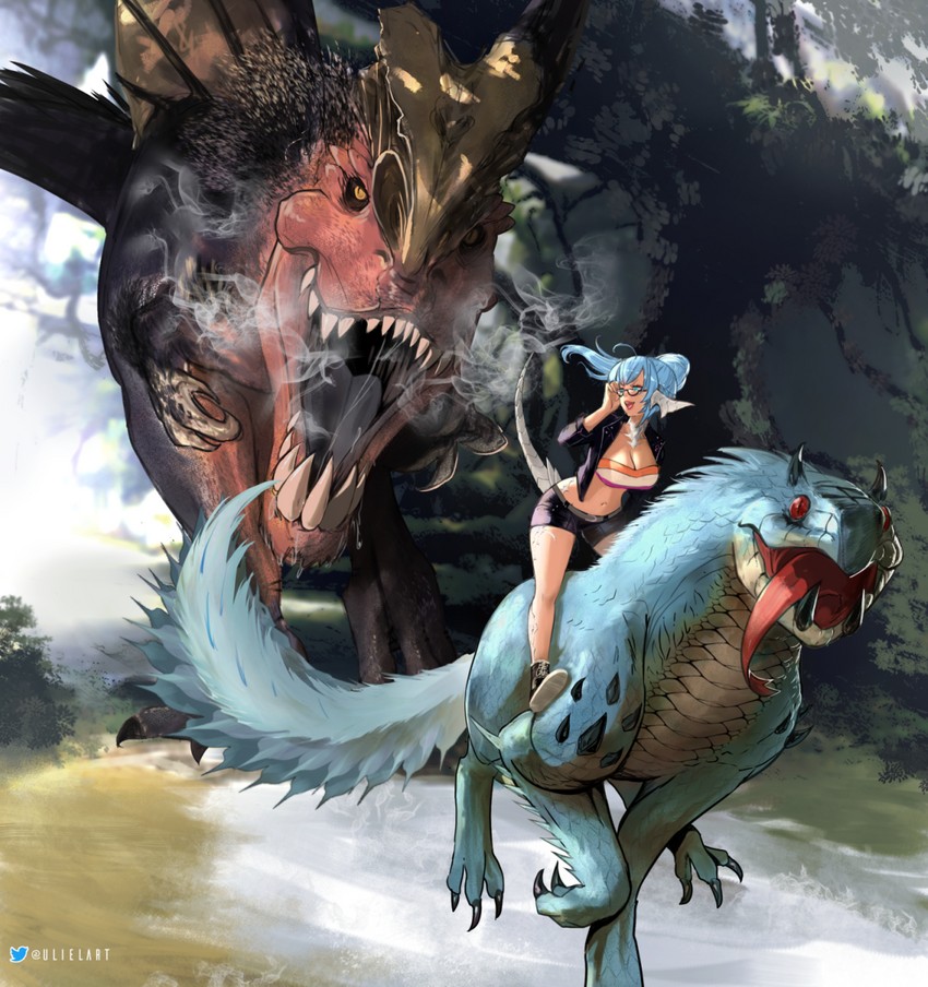 warrior of light, monster hunter, tobi-kadachi, and anjanath (final fantasy and 2 more) drawn by uliel