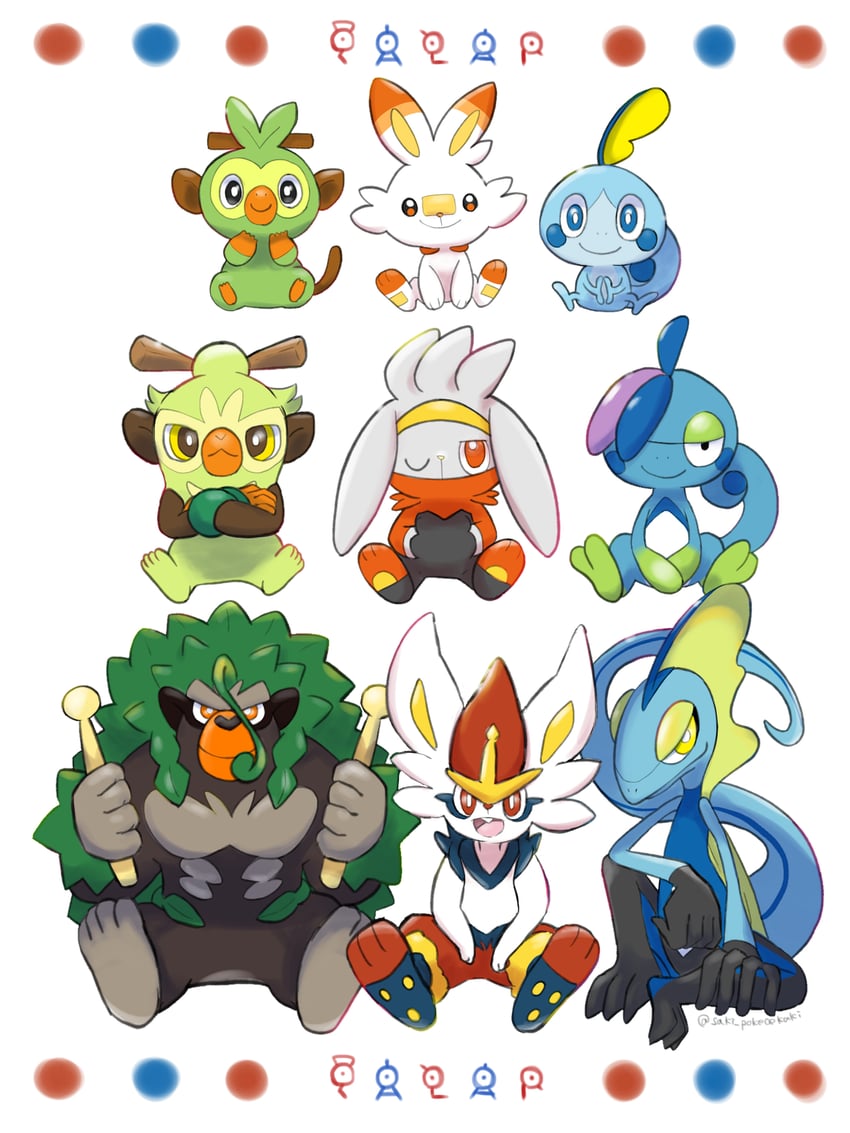 scorbunny, sobble, grookey, cinderace, inteleon, and 9 more (pokemon) drawn by saki_pokeoekaki
