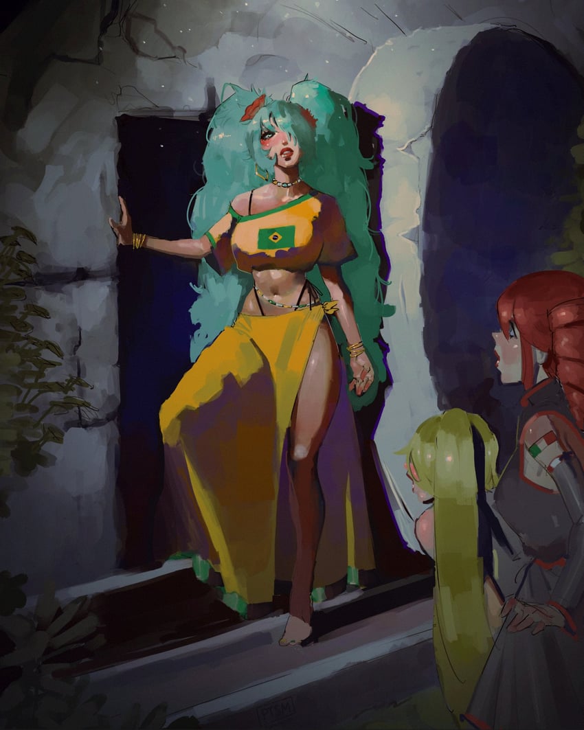 hatsune miku, kasane teto, brazilian miku, and akita neru (vocaloid and 3 more) drawn by potassiumhere