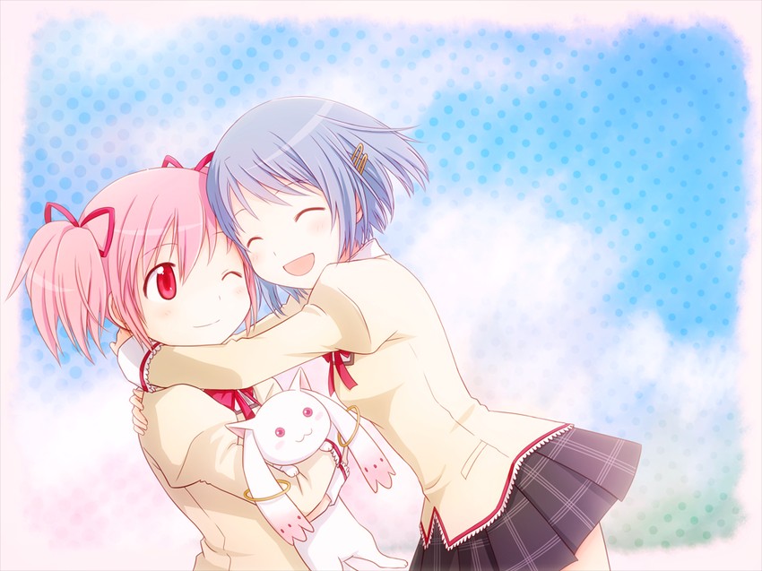 kaname madoka, miki sayaka, and kyubey (mahou shoujo madoka magica) drawn by arya_(tianhua)