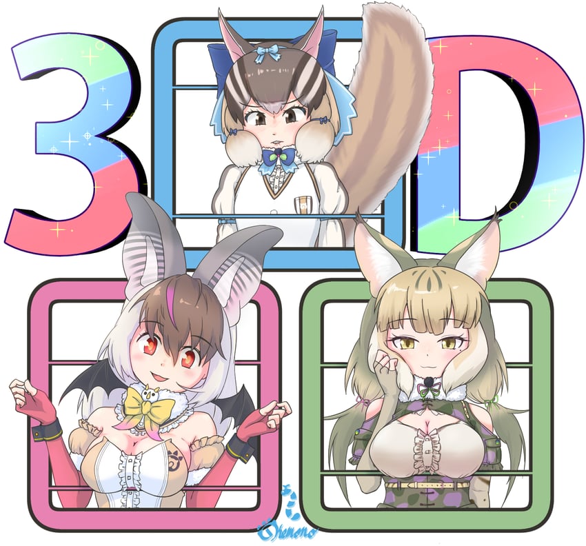 brown long-eared bat, siberian chipmunk, and jungle cat (kemono friends and 1 more) drawn by nokemono-san_(bocchi_friend)
