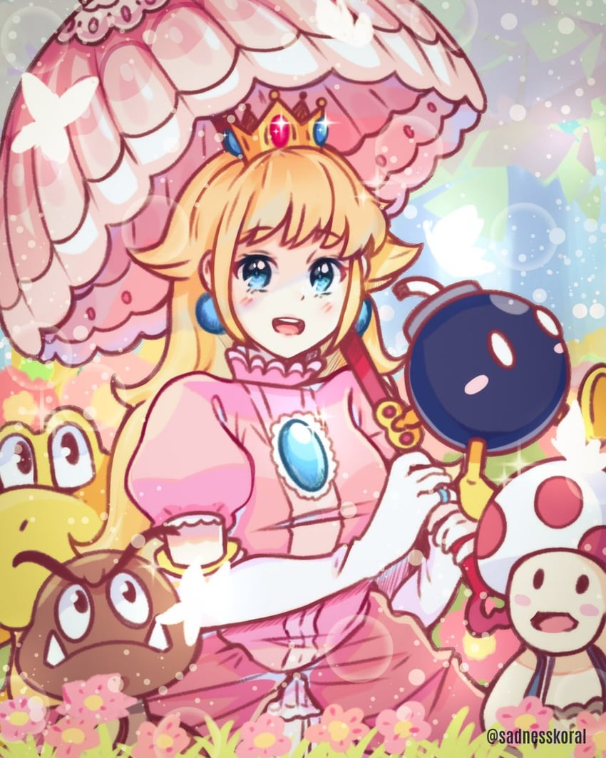 princess peach, toad, goomba, red toad, koopa troopa, and 1 more (mario) drawn by sadnesskoral