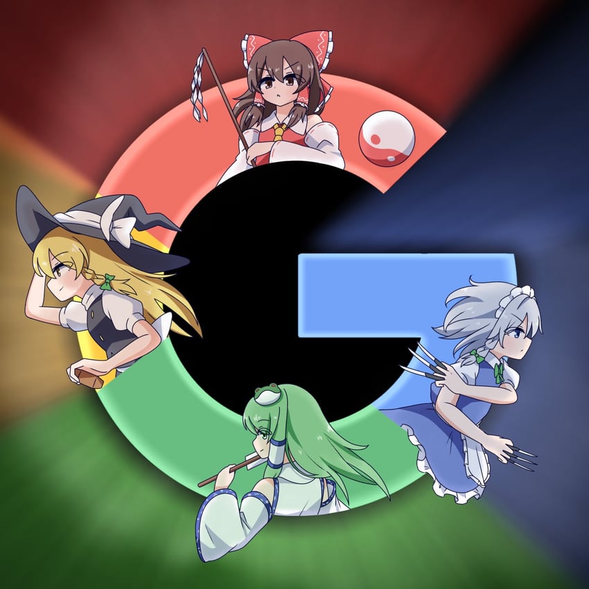 hakurei reimu, kirisame marisa, izayoi sakuya, and kochiya sanae (touhou and 1 more) drawn by y75zei