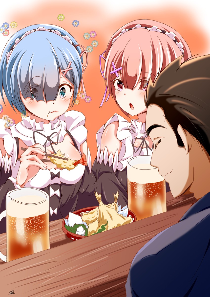 rem, ram, and yazawa nobuyuki (re:zero kara hajimeru isekai seikatsu and 1 more) drawn by yuu_kaiji
