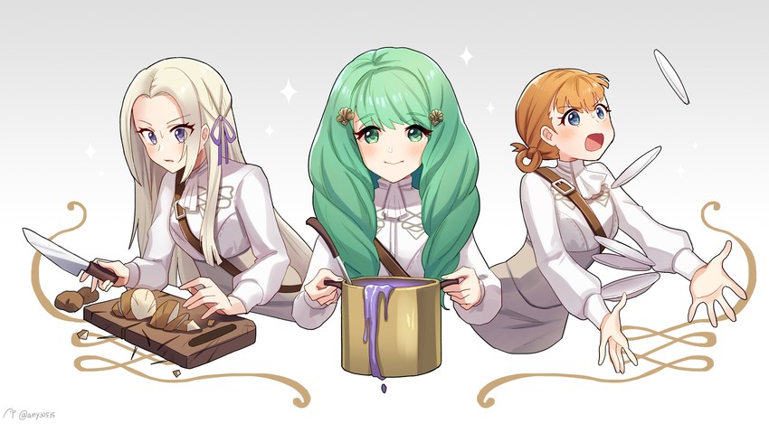 edelgard von hresvelg, annette fantine dominic, and flayn (fire emblem and 1 more) drawn by qi'e_(penguin)