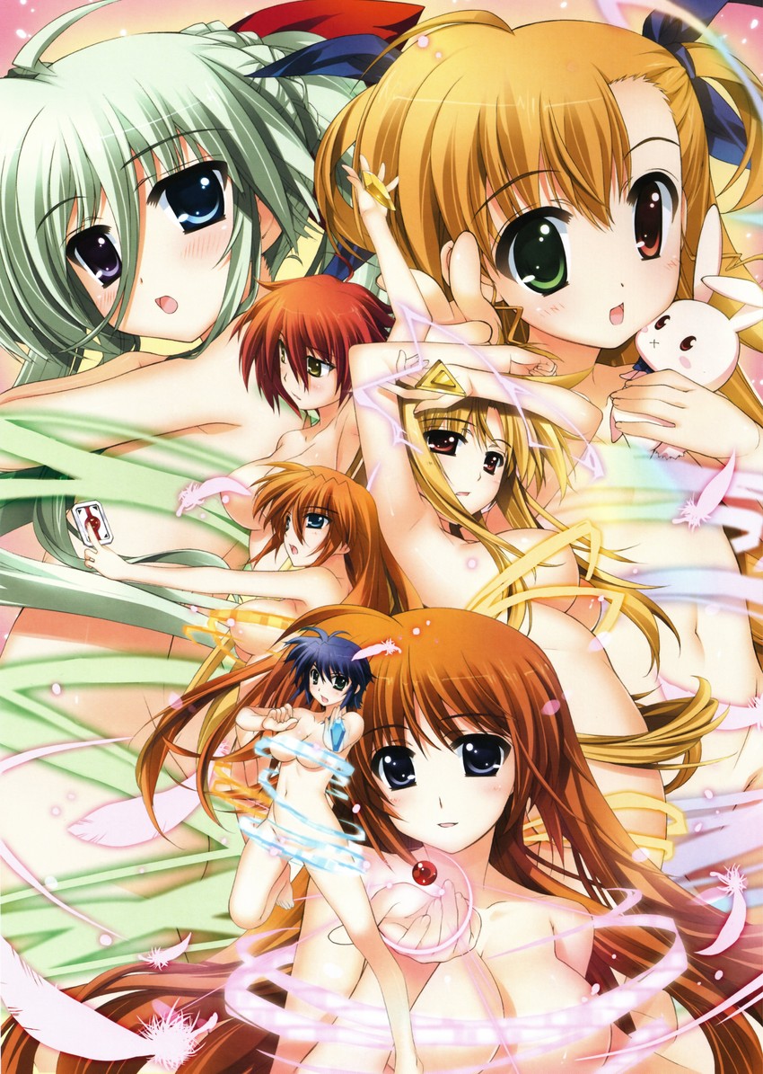 fate testarossa, takamachi nanoha, raising heart, bardiche, vivio, and 7 more (lyrical nanoha and 1 more) drawn by fujima_takuya