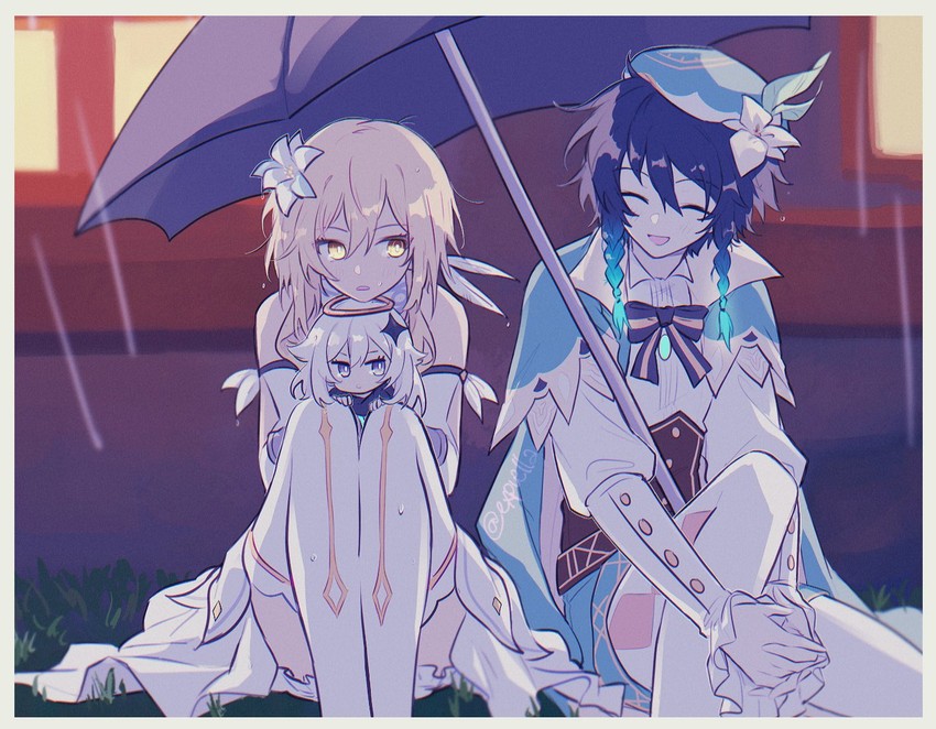 lumine, venti, and paimon (genshin impact) drawn by mao_(expuella)