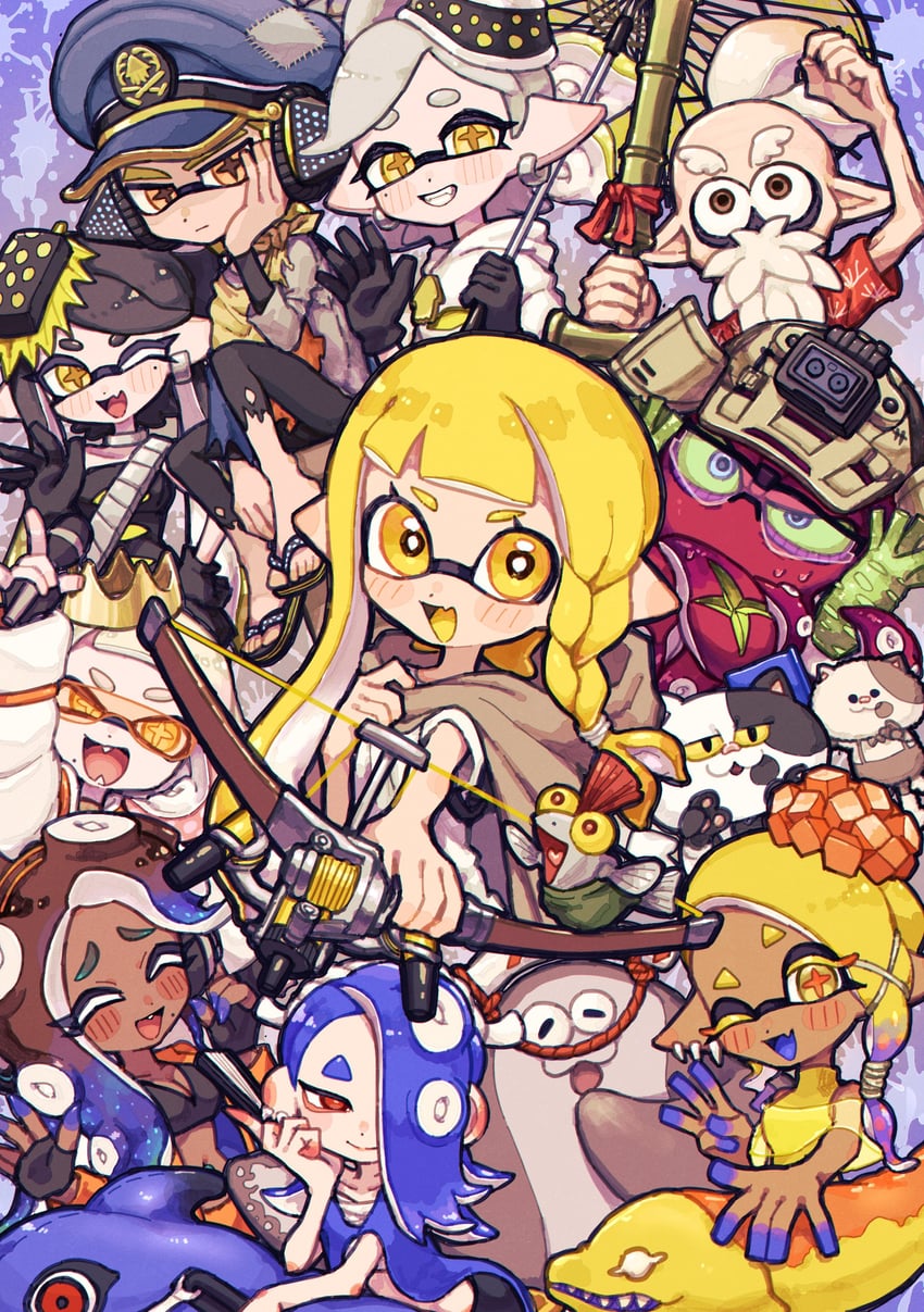 inkling player character, inkling girl, agent 3, shiver, smallfry, and 12 more (splatoon and 1 more) drawn by bluerosamarinus