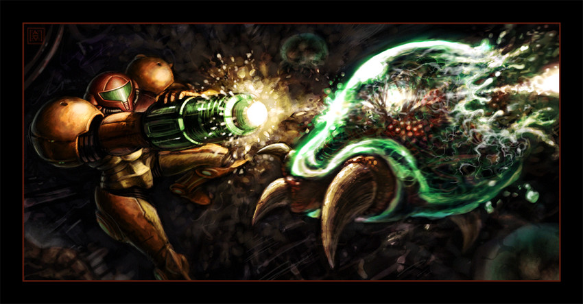 samus aran, metroid, and metroid larva (metroid) drawn by adam_vehige