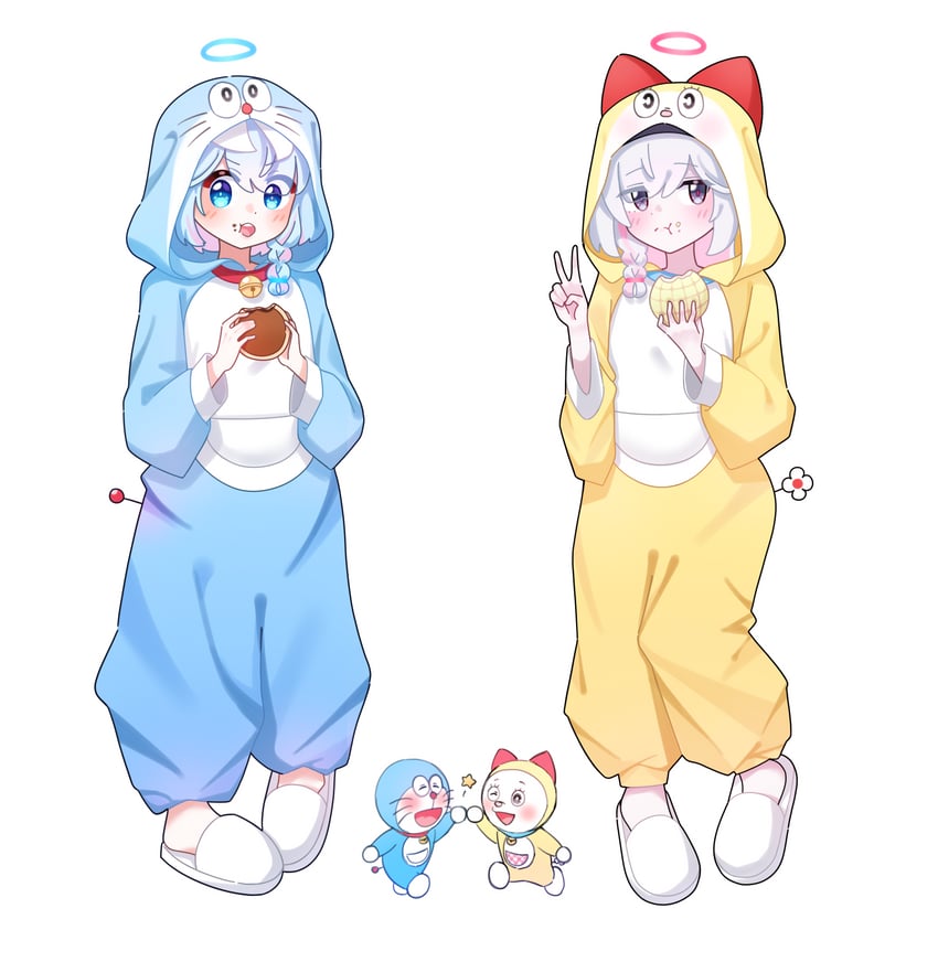 arona, plana, doraemon, and dorami (blue archive and 1 more) drawn by chokkon