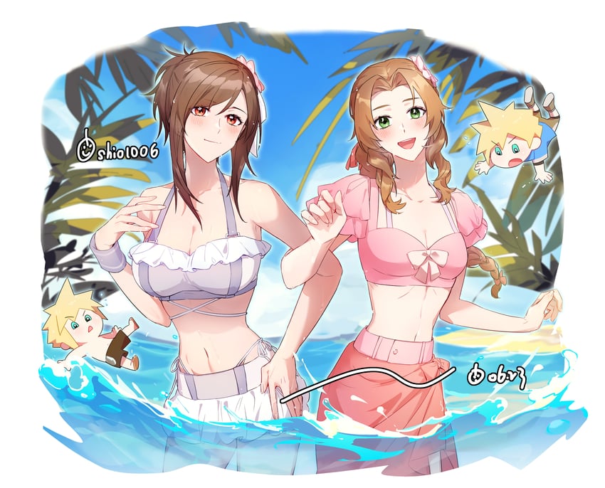 tifa lockhart, cloud strife, and aerith gainsborough (final fantasy and 3 more) drawn by lily_(shio1006)