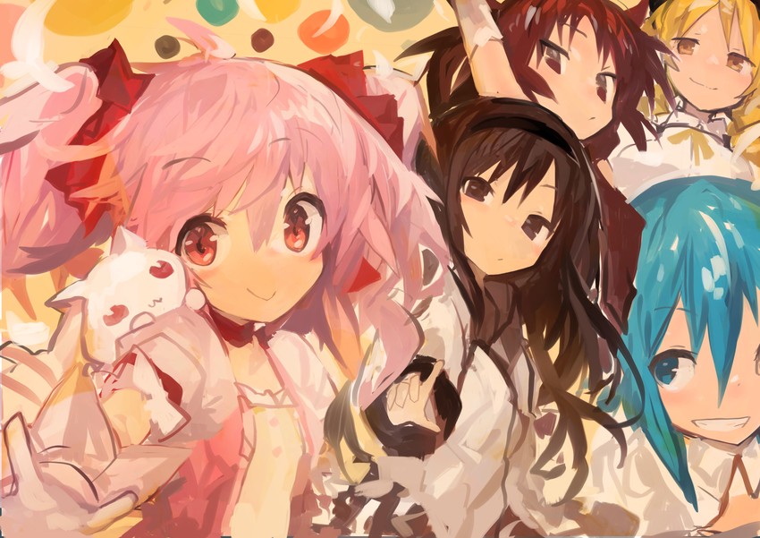 akemi homura, kaname madoka, miki sayaka, sakura kyoko, tomoe mami, and 1 more (mahou shoujo madoka magica) drawn by kaamin_(mariarose753)