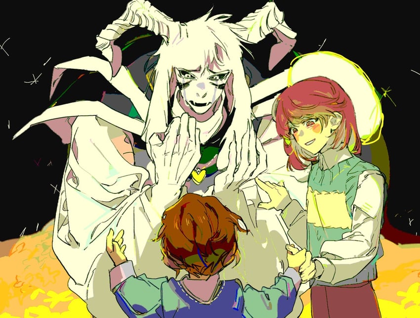frisk, chara, and asriel dreemurr (undertale) drawn by yaksa_del