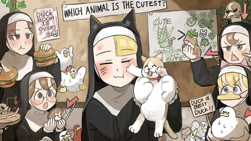 clumsy nun, froggy nun, spicy nun, glasses nun, and hungry nun (little nuns) drawn by diva_(hyxpk)