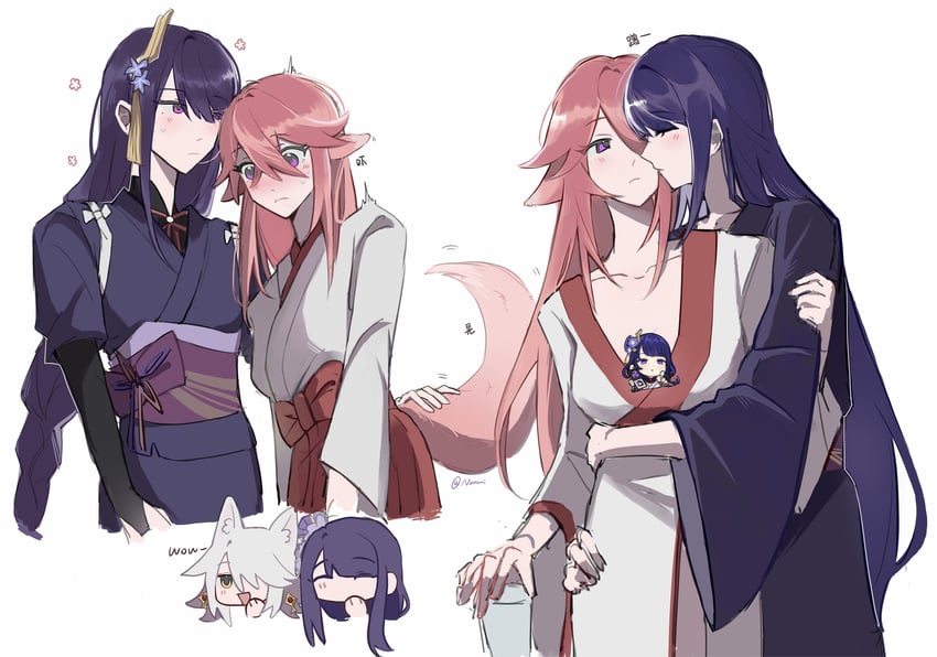 raiden shogun, yae miko, makoto, and kitsune saiguu (genshin impact) drawn by nanami_(qihai66666)
