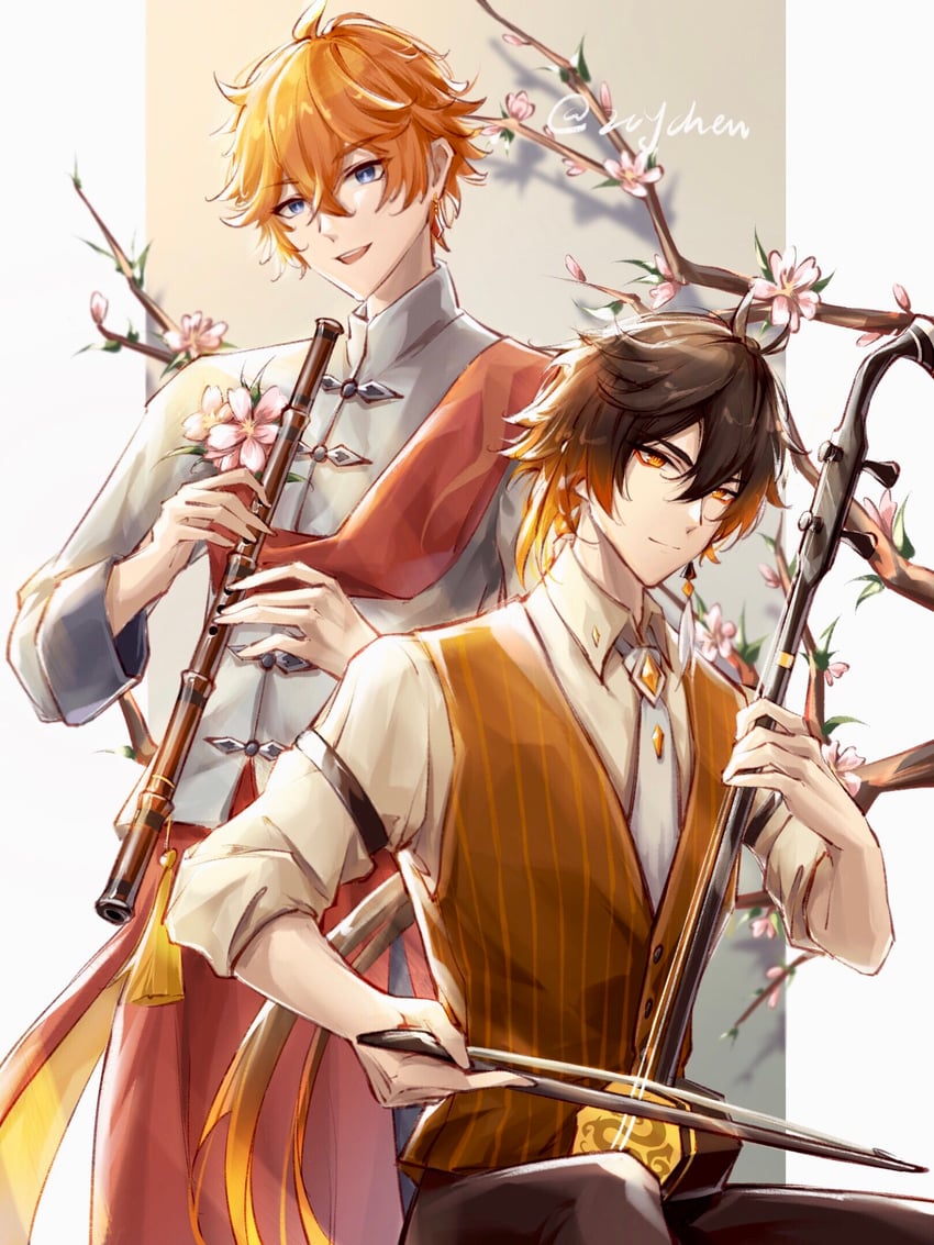 zhongli and tartaglia (genshin impact) drawn by chenzcy