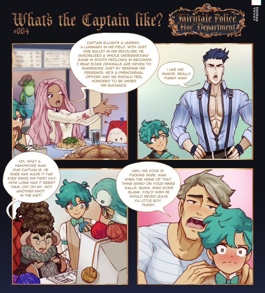 satou kotarou, archie pendragon, danyal baron, and briar rose (fairytale police hoe department) drawn by idoraad