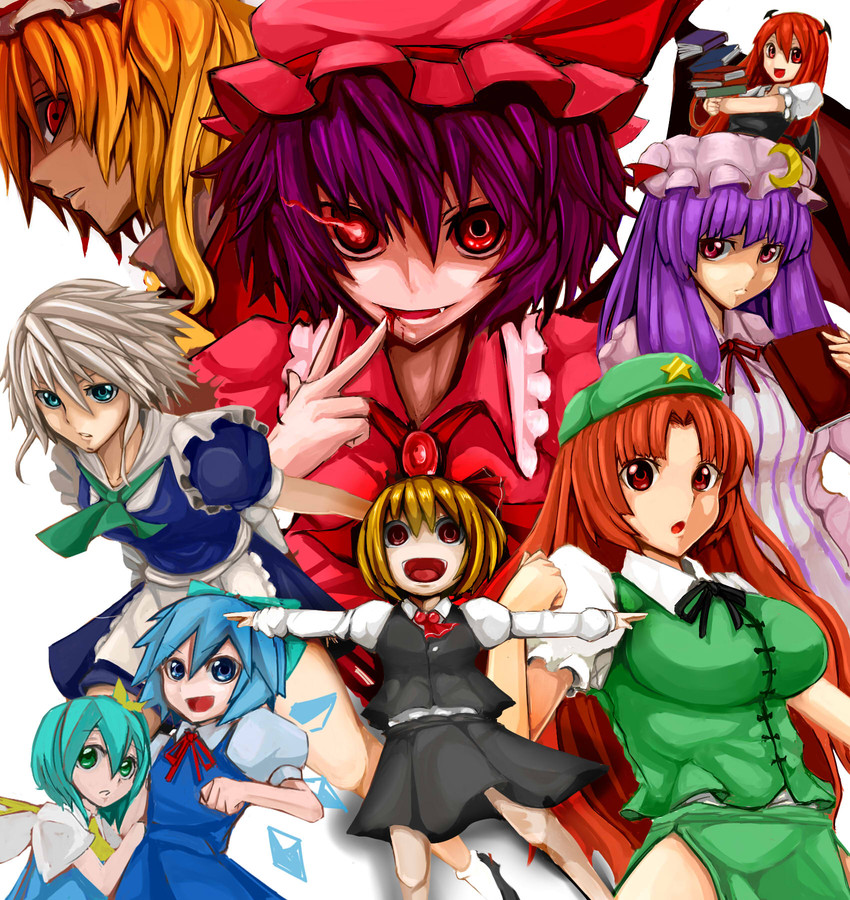 remilia scarlet, flandre scarlet, izayoi sakuya, cirno, patchouli knowledge, and 4 more (touhou and 1 more) drawn by seiya_(cardigan)
