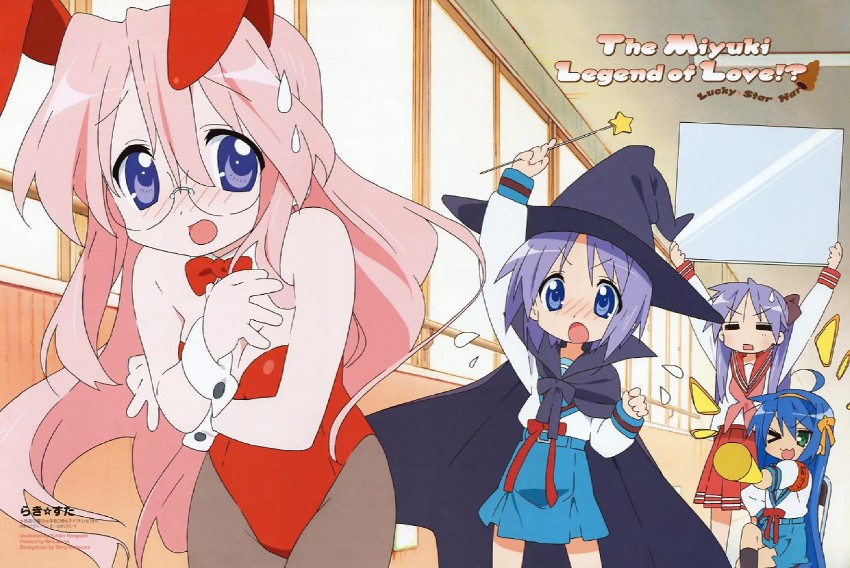 hiiragi kagami, izumi konata, hiiragi tsukasa, and takara miyuki (suzumiya haruhi no yuuutsu and 2 more) drawn by horiguchi_yukiko