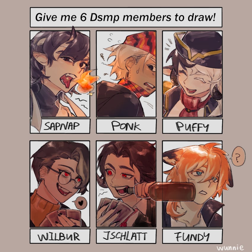 wilbur soot, sapnap, jschlatt, fundy, captainpuffy, and 1 more (minecraft youtube and 1 more) drawn by lumwunnie