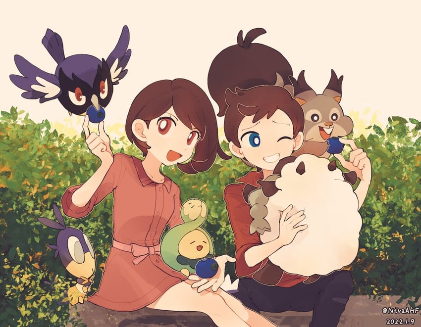 gloria, victor, wooloo, budew, rookidee, and 2 more (pokemon and 1 more) drawn by jiugong_chi
