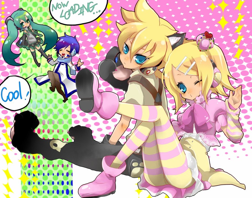 hatsune miku, kagamine rin, kagamine len, and kaito (vocaloid and 1 more) drawn by nata_(kimeeee)