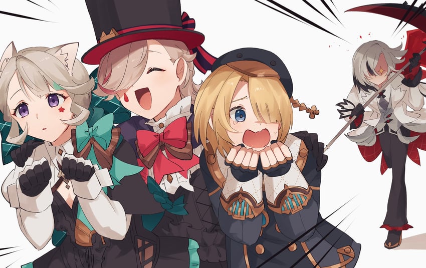 arlecchino, lynette, lyney, and freminet (genshin impact) drawn by nekorin_chu