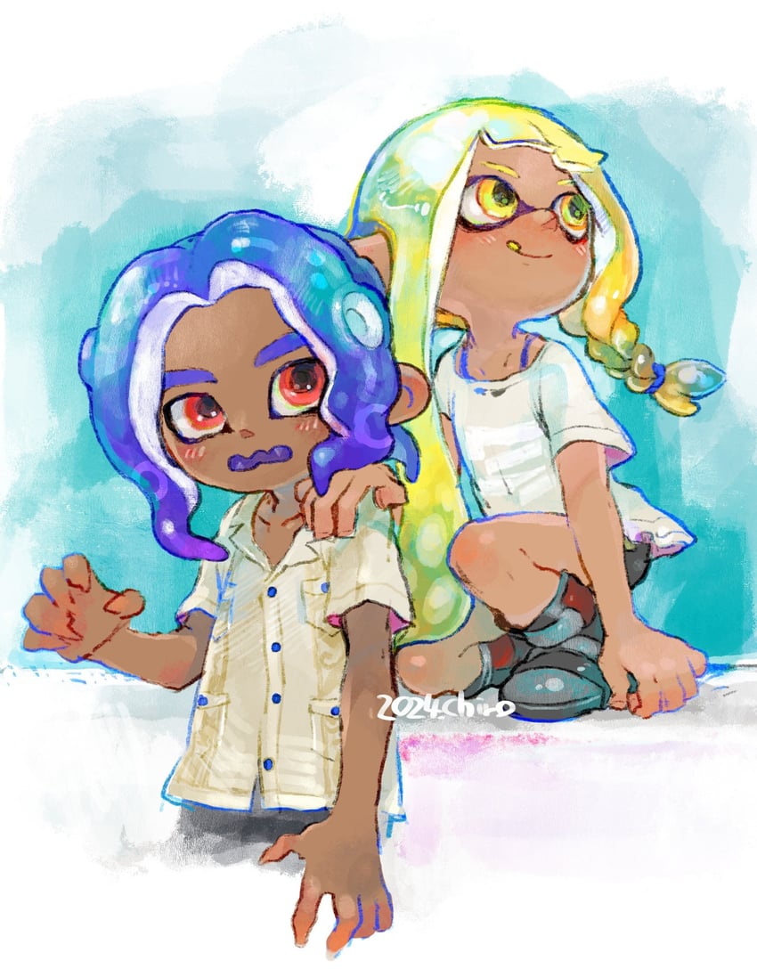 inkling player character, inkling girl, octoling player character, and octoling boy (splatoon and 1 more) drawn by kaaaa_rma