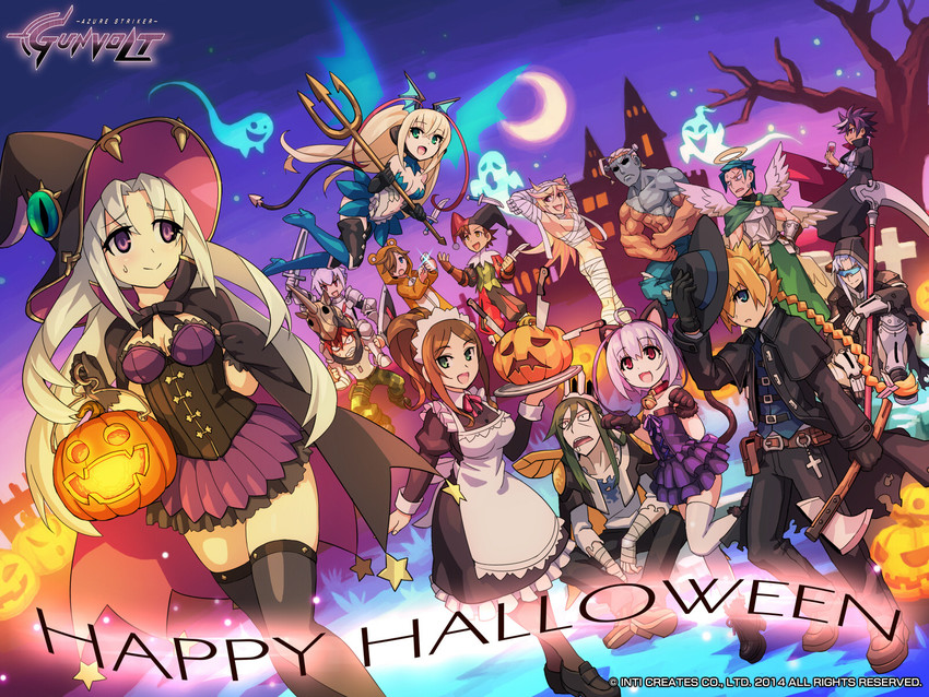 lumen, gunvolt, joule, acura, pantera, and 10 more (azure striker gunvolt and 1 more) drawn by hatakeyama_yoshitaka