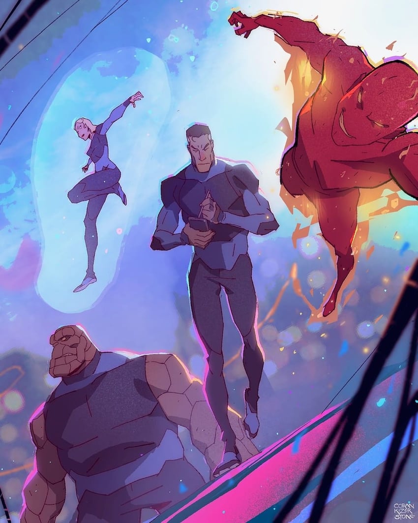 sue storm, reed richards, johnny storm, ben grimm, and human torch (marvel and 1 more) drawn by coran_stone