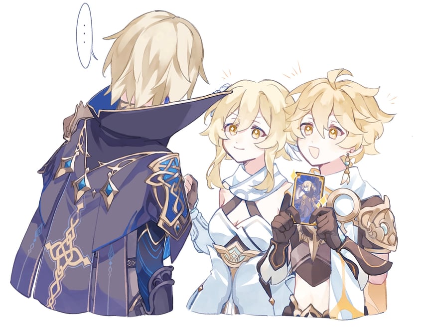 lumine, aether, and dainsleif (genshin impact) drawn by kun_(user_ahgn2825)