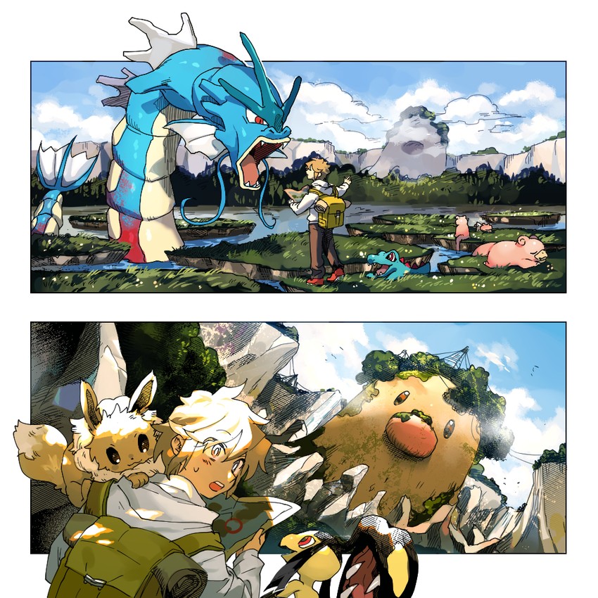 eevee, mawile, totodile, gyarados, slowpoke, and 1 more (pokemon) drawn by newo_(shinra-p)