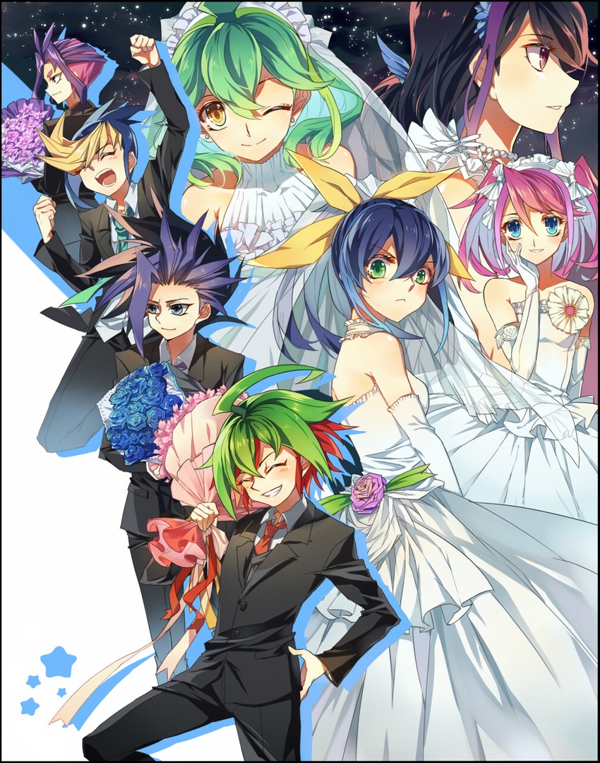 hiiragi yuzu, sakaki yuya, serena, kurosaki ruri, rin, and 3 more (yu-gi-oh! and 1 more) drawn by modela_(baka_x_orange)