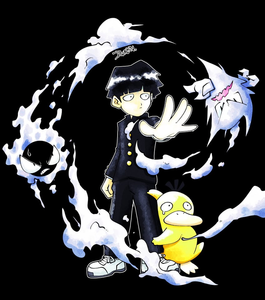 kageyama shigeo, psyduck, gastly, and haunter (pokemon and 1 more) drawn by dwalkn