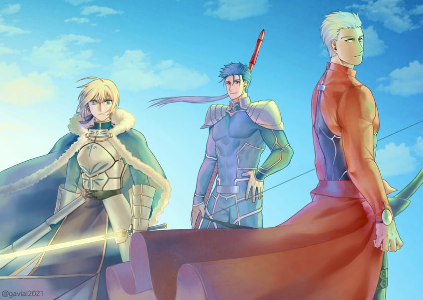 artoria pendragon, saber, cu chulainn, and archer (fate and 1 more) drawn by gavial2021