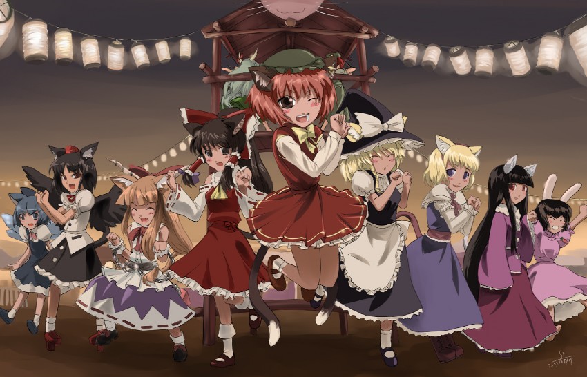 hakurei reimu, kirisame marisa, alice margatroid, cirno, shameimaru aya, and 7 more (touhou) drawn by sinzan