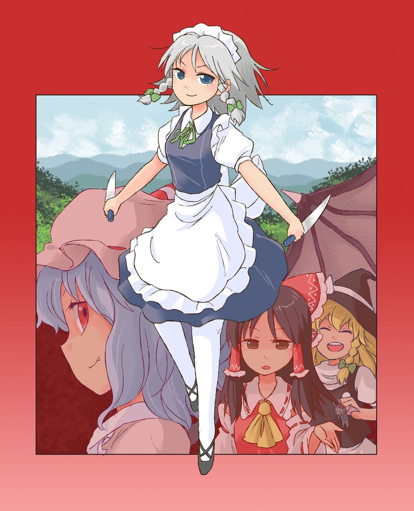 hakurei reimu, kirisame marisa, remilia scarlet, and izayoi sakuya (touhou) drawn by abekawa