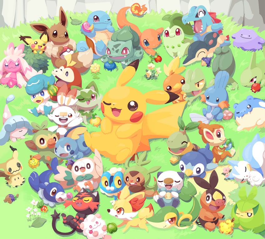 pikachu, eevee, rowlet, piplup, bulbasaur, and 34 more (pokemon) drawn by ttrtag