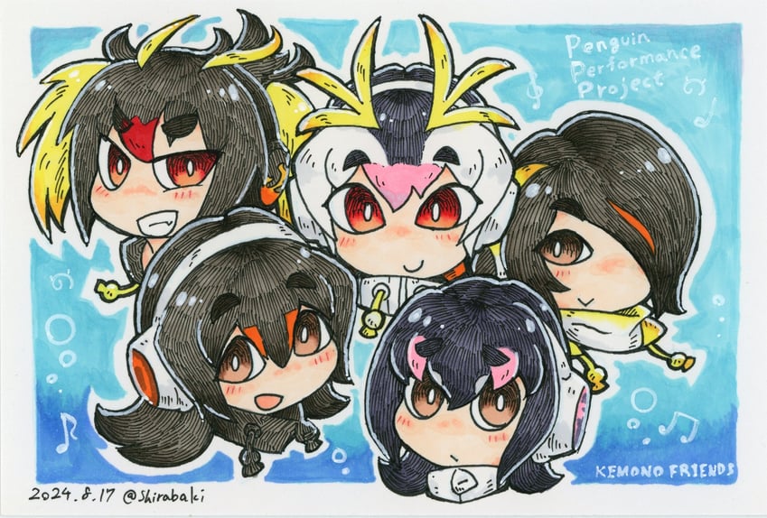 emperor penguin, humboldt penguin, royal penguin, rockhopper penguin, and gentoo penguin (kemono friends) drawn by shirabaki