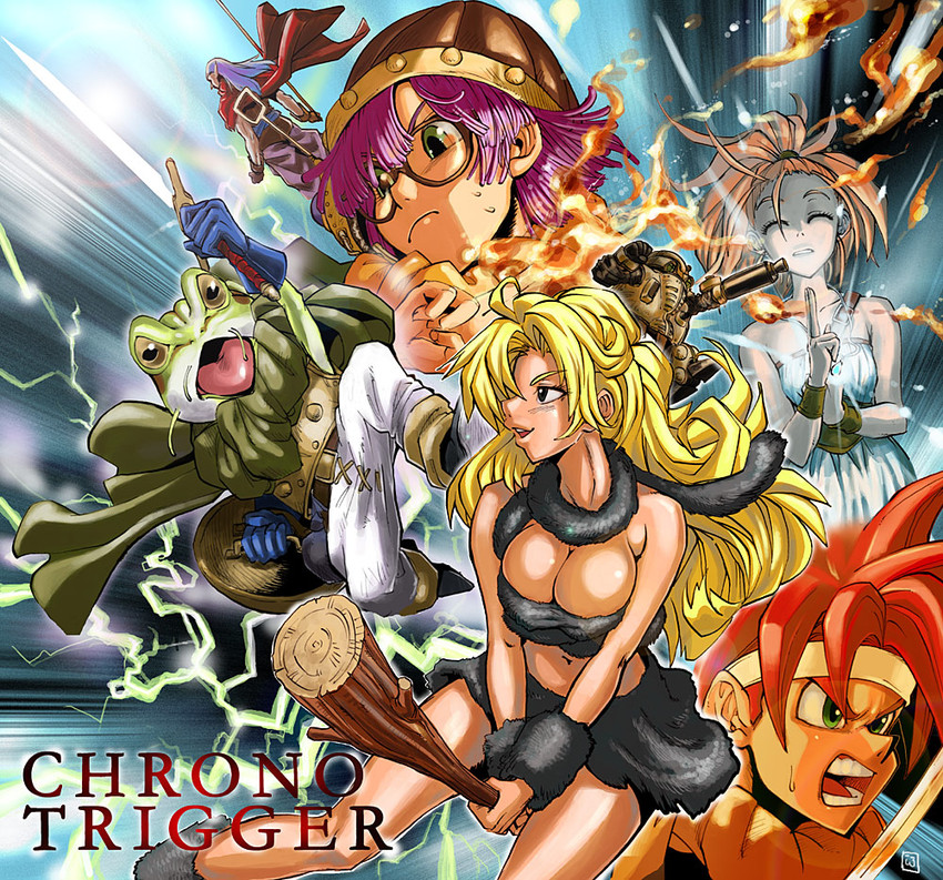 lucca ashtear, crono, marle, ayla, frog, and 1 more (chrono trigger) drawn by nekoguchi