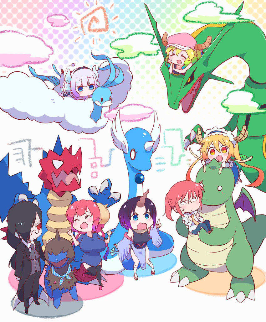 kanna kamui, tohru, lucoa, ilulu, dragonite, and 8 more (pokemon and 1 more) drawn by ayo_(ayosanri009)